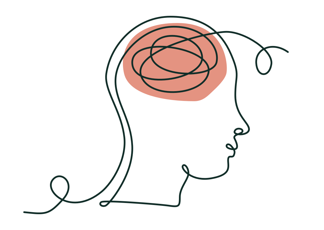 one line illustration of a head filled with squiggle lines